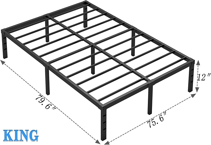 NEW JETO Metal Bed Frame,King Size Bed Frame with Storage Space,Heavy Duty Sturdy Mattress Foundation,Easy Assembly,No Box Spring Needed,Black,12 Inch,King
