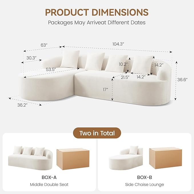 105" Boneless L Shaped Sectional Couch, Curved Cloud Deep Seat Sofa with Chaise Lounge, Oversized 4 Seater Couches for Living Room, No Assembly, Chenille Beige