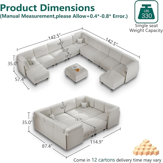 Modular Sectional Sofa with Adjustable Backrest, Large Convertible L/U-Shaped Sleeper Couch for Living Room, Cloud Sofa Bed Modern Reversible Design, Beige