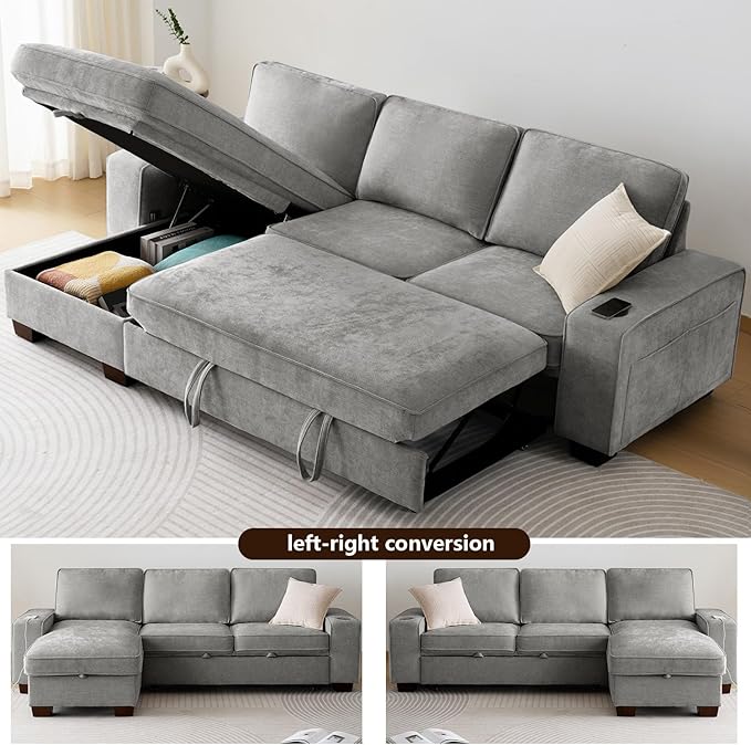 ASHOMELI 99" Convertible Sleeper Sofa Bed,L Shaped with Storage Chaise Pull Out Couch for Living Room,USB and Type-C,Removable Washable Chenille Covers (Gray)