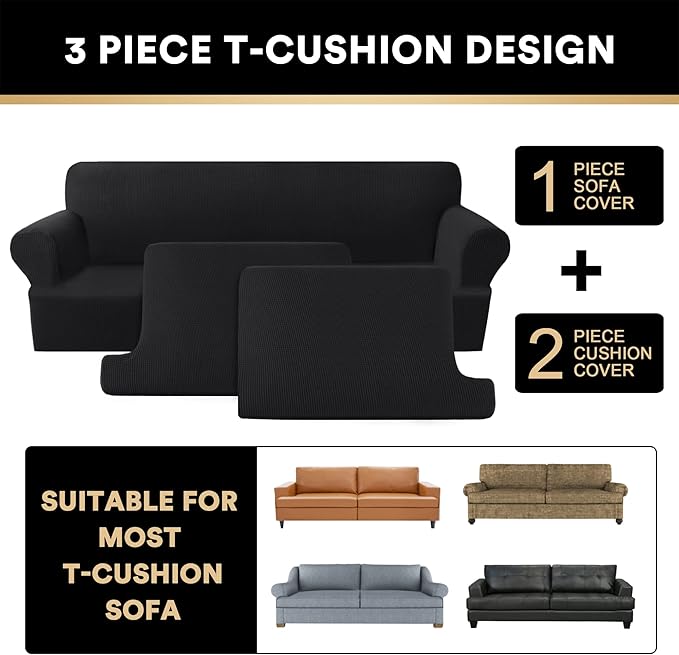 PrinceDeco T Cushion Sofa Slipcover 3 Pieces Sofa Covers for T Cushion Couch Soft Couch Covers Sofa Slip Cover Furniture Covers with 2 Individual T Shape Seat Covers Width Up to 88", Black