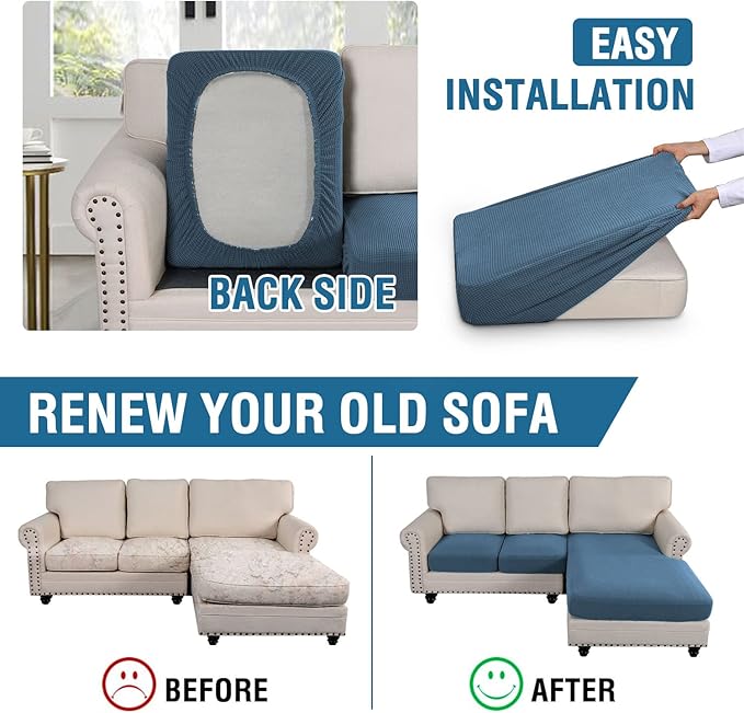 H.VERSAILTEX Sectional Couch Covers 3 Pieces Sofa Seat Cushion Covers L Shape Separate Cushion Couch Chaise Cover for Both Left/Right Sectional Couch (Seat Only: 1 Chaise + 2 Sofa, Dusty Blue)