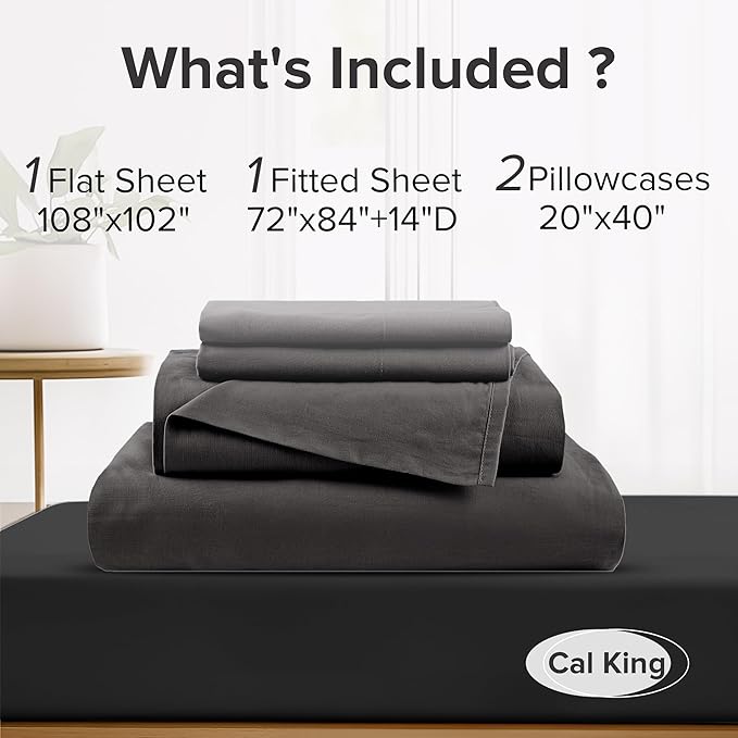 Comfort Spaces 100% Cotton Sheets Cal King, Breathable & Soft Cotton Sheets, Naturally Cool Cotton Bed Sheets with 14" Elastic Pocket Fits up to 16" Mattress, All Season Sheet Set, Black 4 Piece