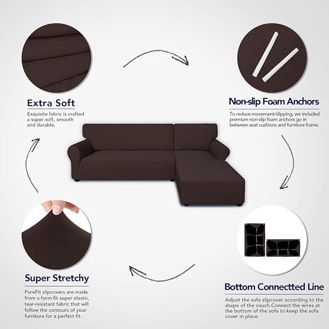 PureFit Super Stretch Sectional Couch Covers - 2 pcs Spandex Non Slip Sofa Covers with Elastic Bottom for L Shape Sectional Sofa Couch, Great for Kids & Pets（3 Seat Sofa + 3 Seat Chaise, Chocolate