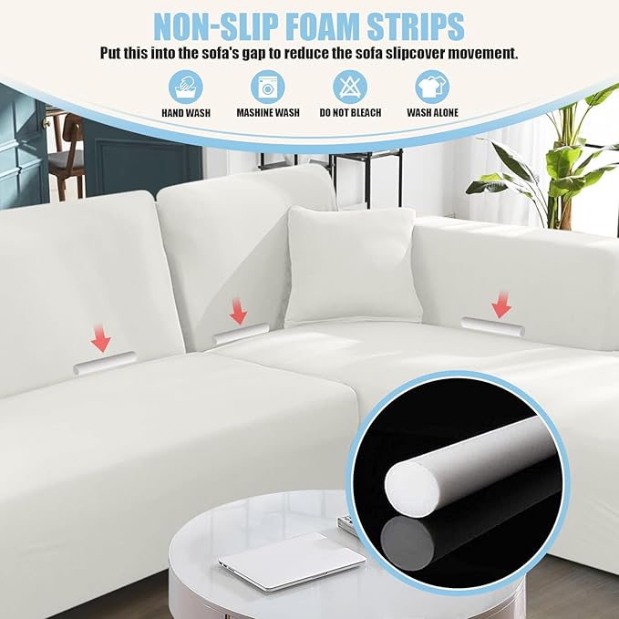 KinCam Sectional Couch Covers L Shape Sofa Covers Super Stretch 2pcs Sofa Slipcovers for 3 + 3 Seaters Sectional Chaise Slipcover with 2pcs Pillow Covers for Pets Kids, White