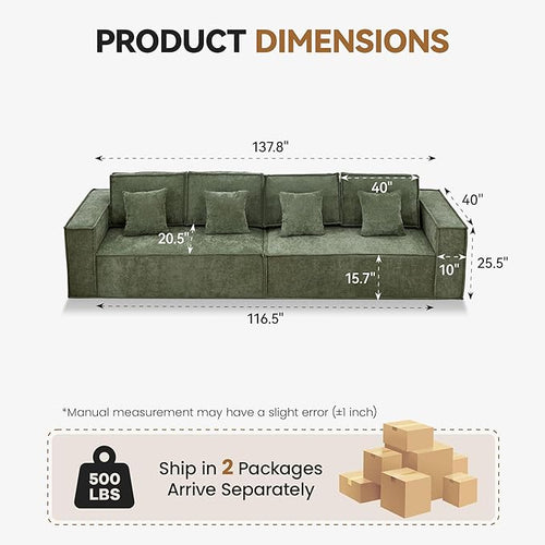 108'' Comfy Chenille Boneless Couch, Oversized Modular Sectional 4 Seater Sofa, Modern Deep Seat Corner Cloud Compressed Couch, No Assembly Sleeper Sofa with Chaise for Living Room, Green