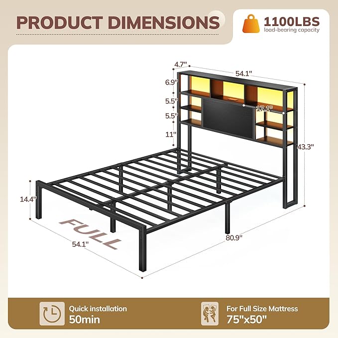 Homkdom Full Size Bed Frame with Storage Headboard, LED Lights & Charging Station Heavy Duty Metal Platform Bed for Small Bedrooms, 1100 LBS Capacity, No Box Spring Needed, Easy Assembly,Black