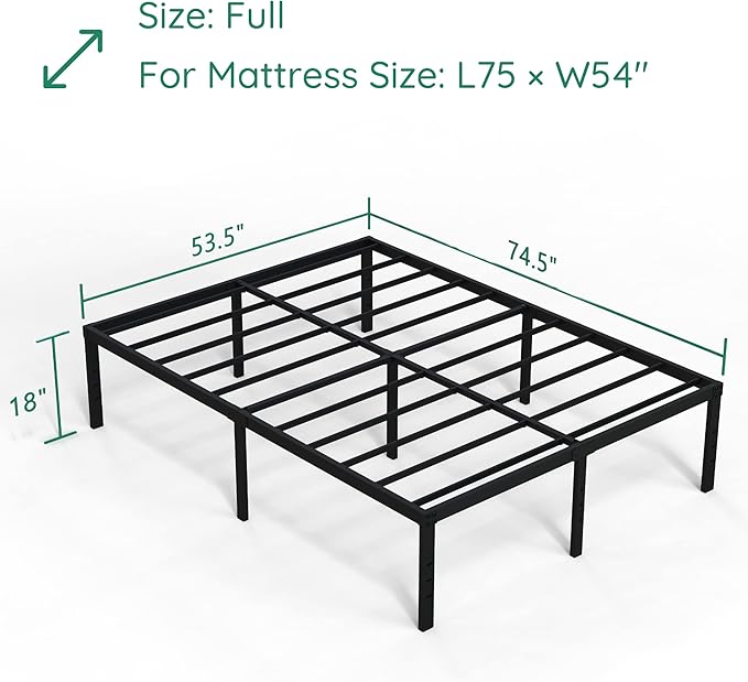 DiaOutro 18 Inch Full Size Bed Frame Heavy Duty Metal Platform No Box Spring Needed, Maximum Storage, Easy Assembly, Noise Free, Black