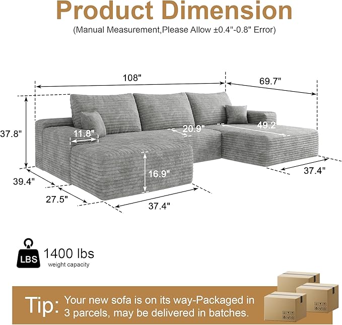 108" Sectional Couches for Living Room Cloud Couch Sofa with L-Shape Upholstered Boneless Couchs Modern Modular Sectional Couch with Chaise (Grey, 108" Right Facing Chaise+2Seaters+1Ottoman)