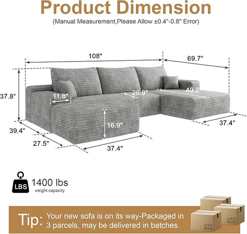 108" Sectional Couches for Living Room Cloud Couch Sofa with L-Shape Upholstered Boneless Couchs Modern Modular Sectional Couch with Chaise (Grey, 108" Right Facing Chaise+2Seaters+1Ottoman)
