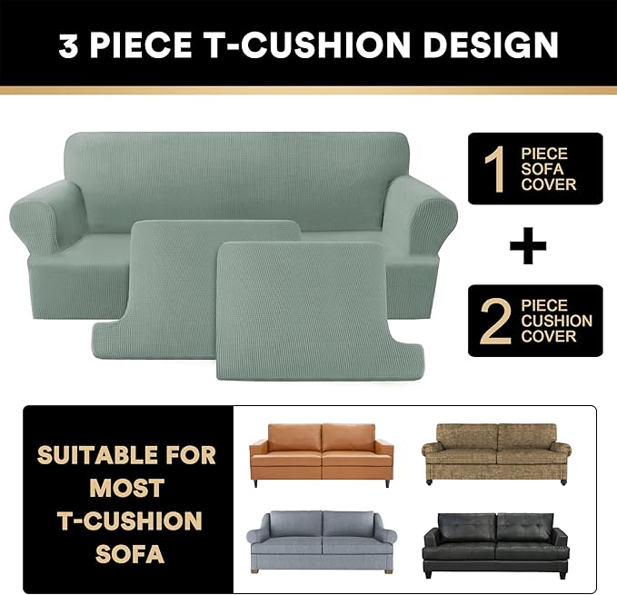 PrinceDeco T Cushion Loveseat Slipcover 3 Pieces Sofa Covers for T Cushion Sofa Stretch Slip Covers for 2 Cushion Couch with 2 Individual T Shape Seat Covers Width Up to 76"- Washable, Sage
