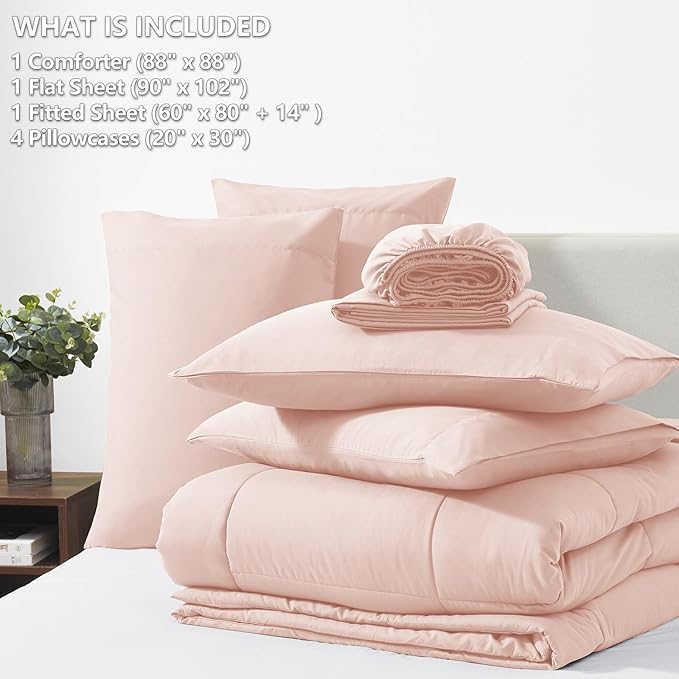 CozyLux Queen Comforter Set Blush Pink, 7 Pieces Bed in a Bag, Pink Comforters Queen Size, All Season Bedding Sets with Stitch Quilted Comforter, Flat Sheet, Fitted Sheet, Pillowcases