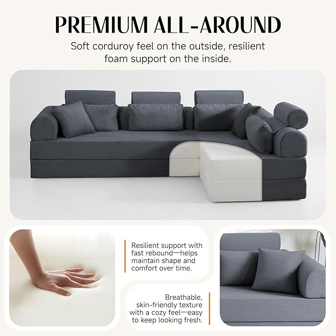 106" L-Shaped Modular Boneless Couch, 2-Piece System (2×70.87"), Convertible Sectional to 141.7" Straight Sofa, Corduroy Couch in a Box, Headrest & Back Pillows for Living Room, Dark Blue