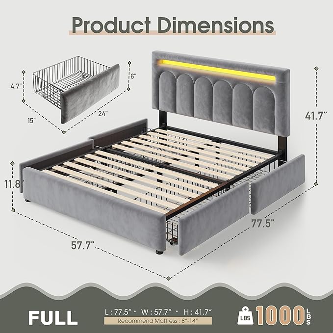 Homkdom Velvet Upholstered Full Size Bed Frame with 4 Storage Drawers, Vertical Arched LED Headboard, Sturdy Wood Slats Support, No Box Spring Needed, Grey