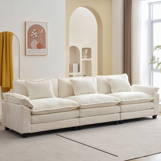 120" Modular Sectional Sofa, Comfy Cloud Couch Sectional Sofa, Chenille Sofa Sleeper Deep Seat Sofa with Throw Pillows for Living Room (Beige White, 120"- 3 Seater)