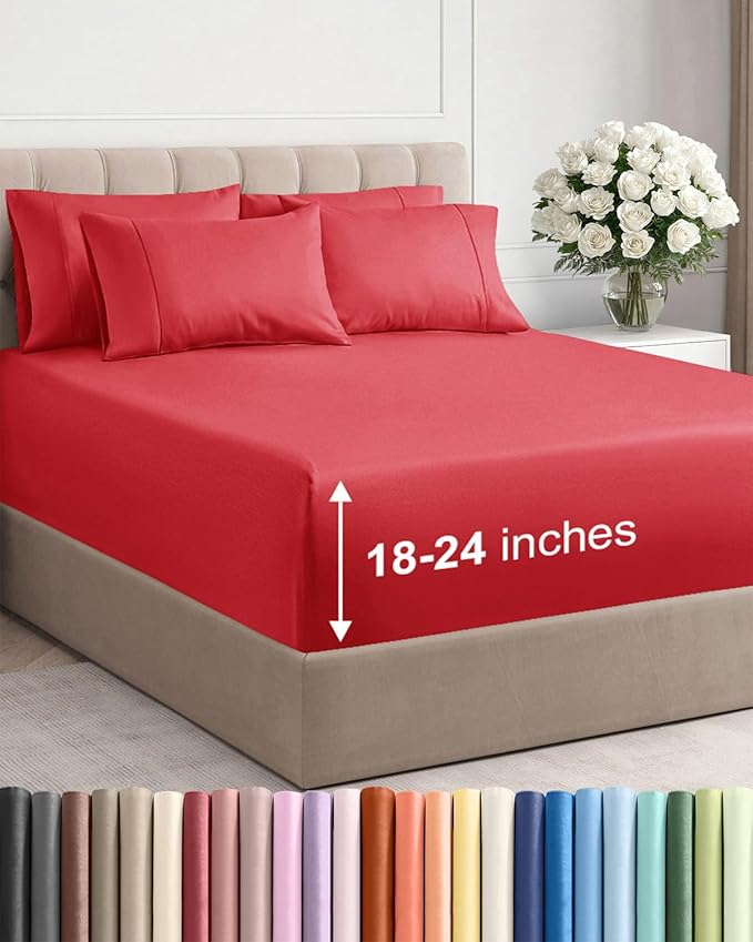 Extra Deep Queen Sheet Set - 6 Piece Breathable and Cooling Sheets - Hotel Luxury Bedding for Women, Men, Kids & Teens - Easy & Secure Fit - Soft, Wrinkle Free and Comfy w/Extra Deep Pockets - Red