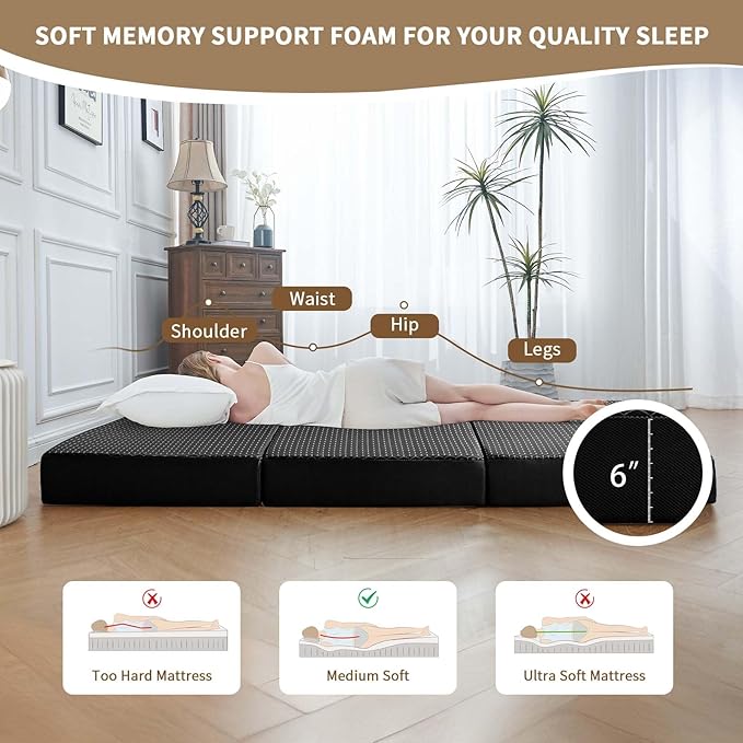 CYMULA Folding Mattress Twin, 6 Inch Memory Foam Tri-Fold Floor Bed and Futon, Twin Topper with Breathable & Washable Cover, Foldable Mattress for Guest Bed, Office Nap,Camping,Black (38" x 75" x 6")