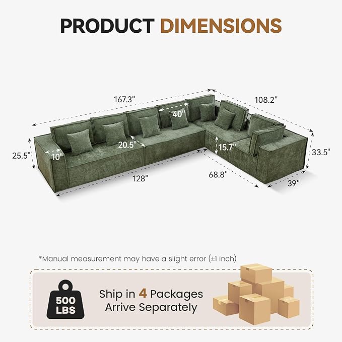 167'' Boneless Chenille L Shaped Couch, Oversized Modular Sectional 7 Seater Sofa, Modern Deep Seat Corner Cloud Compressed Couch, No Assembly Sleeper Sofa with Chaise for Living Room, Green