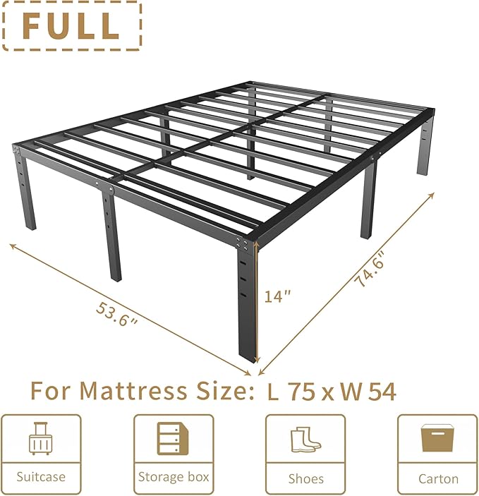 HOBINCHE 14 Inch Metal Full Size Bed Frame No Box Spring Needed - Easy Assembly Heavy Duty Noise Free Narrow Bedframes - Double Black Basic Steel Slats Platform with Storage