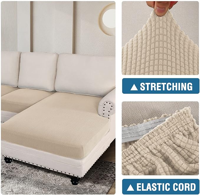 H.VERSAILTEX Sectional Couch Covers 3 Pieces Sofa Seat Cushion Covers L Shape Separate Cushion Couch Chaise Cover for Both Left/Right Sectional Couch (Seat Only: 1 Chaise + 2 Sofa, Natural)
