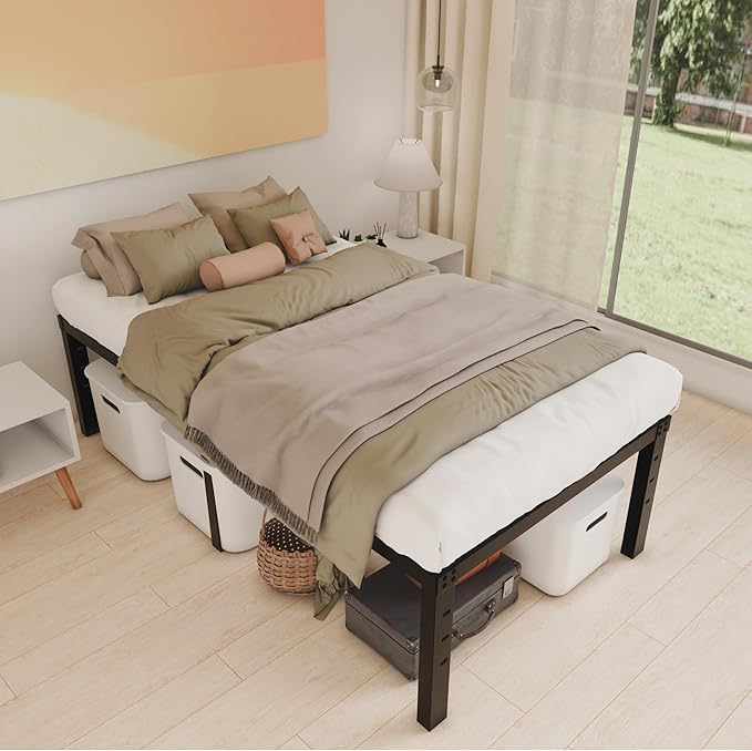 HOBINCHE 16 Inch Twin XL Size Bed Frame - No Box Spring Needed Heavy Duty Black Metal Platform Mattress Foundation, Non-Slip Noise Free Easy Assembly Bedframes with Cleance Storage