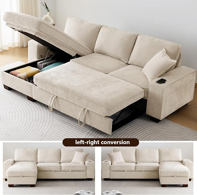 ASHOMELI 99" Convertible Sleeper Sofa Bed,L Shaped with Storage Chaise Pull Out Couch for Living Room,USB and Type-C,Removable Washable Chenille Covers (Beige)
