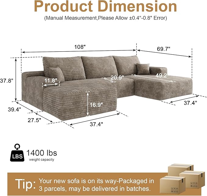 108" Sectional Couches for Living Room Cloud Couch Sofa with L-Shape Upholstered Boneless Couchs Modern Modular Sectional Couch with Chaise (Camel, 108" Right Facing Chaise+2Seaters+1Ottoman)