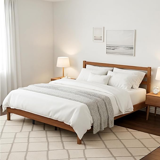 Sweetcrispy Solid Wood Bed Frame - King Size Mattress Foundation with Headboard, No Box Spring Needed with 1100LBS Sturdy Wooden Slats Support, Noise Free, Easy Assembly