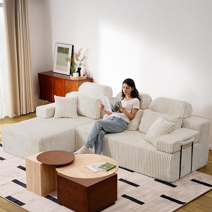 106’’ Sectional Couch with High Backrest, L-Shape Modular Sectional Sofa Convertible Left or Right Chaise, Cloud Corduroy, Boneless Couches Comfortable for Living Room(Beige)