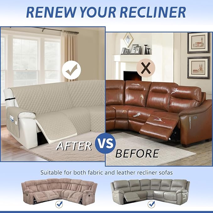 Arfntevss Recliner Sectional Couch Covers 1OO% Waterproof L Shape Sofa Cover for Reclining L Shaped Sectional Slipcover for Dog Washable Corner Non Slip Furniture Protector (5 Seater, Light Khaki)