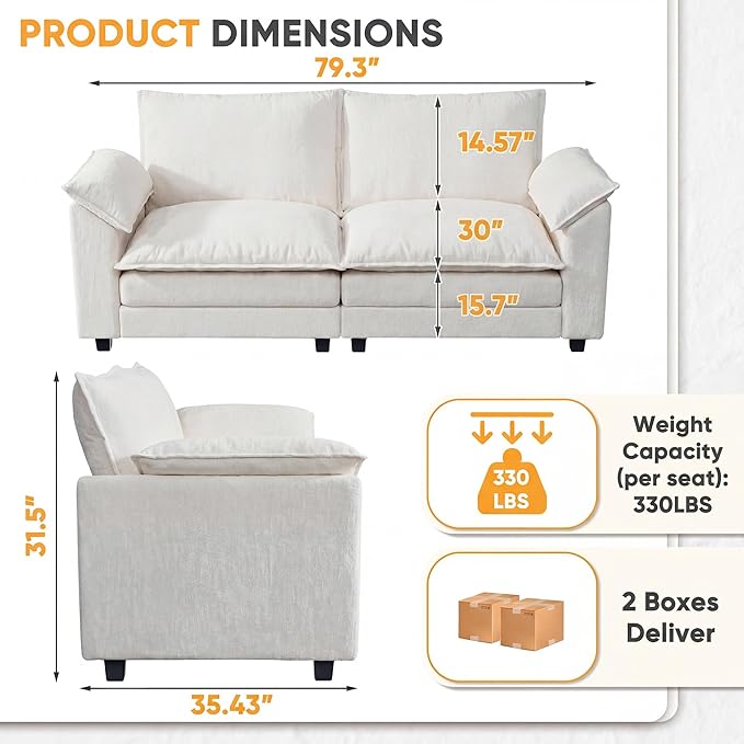 Loveseat 2 Seater Sofa with Double Layer Cushion, Cloud Couch with Deep Seat, Comfy Chenille Sofa Couches for Living Room & Apartment (White, Loveseat Sofa)