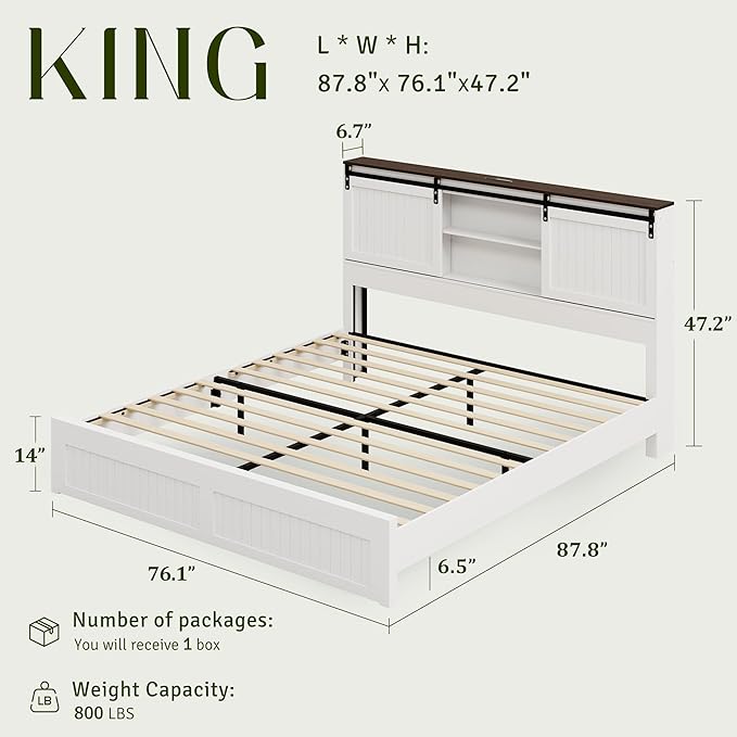 King Size Bed Frame with Storage Headboard, Sliding Barn Door, Wood Platform Bed with Reading Light and Charging Station, Wood Slats Support, Easy Assembly, Noise-Free, Antique White