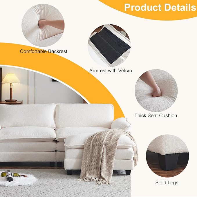 Karl home Sectional Sofa Modular Deep Seat Sofa Couch with Ottoman, Teddy Fleece Sofa Sleeper Comfy Upholstered Furniture for Living Room, Apartment, Studio, Office, (3-Seat & 1-Ottoman, Teddy Beige)