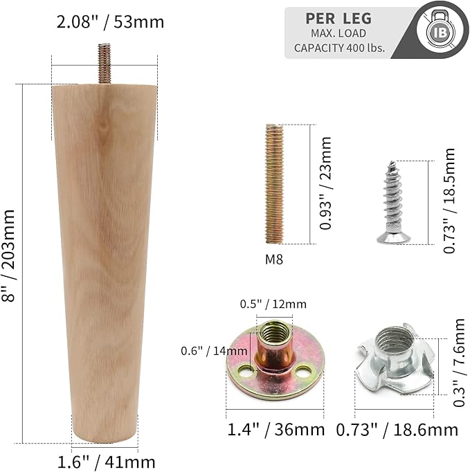 4pcs 8 Inch Wood Furniture Legs, Straight Conical Solid Wood Sofa Legs, Mid-Century Style Furniture Feet for Sofa Cabinet Table Cupboard Couch Ottoman Home DIY Projects