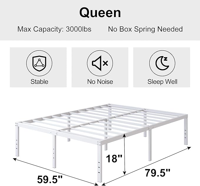 DiaOutro 18 Inch Queen Bed Frame Heavy Duty Metal Platform No Box Spring Needed, Maximum Storage, Easy Assembly, Noise Free, White