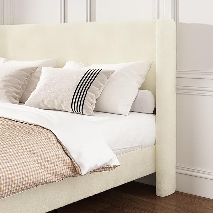 Full Boucle Bed Frame, Platform Bed with Upholstered Wingback Headboard, Strong Wooden Slats Support, Noise-Free, No Box Spring Needed, Easy Assembly, Beige