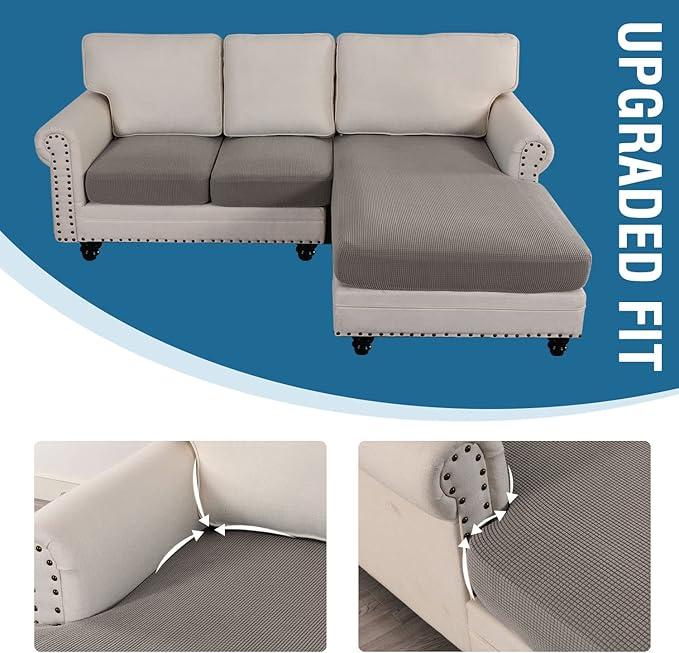 H.VERSAILTEX Sectional Couch Covers 3 Pieces Sofa Seat Cushion Covers L Shape Separate Cushion Couch Chaise Cover for Both Left/Right Sectional Couch (Seat Only: 1 Chaise + 2 Sofa, Taupe)