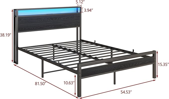 BOFENG Full Size Bed Frame with Wood Storage Headboard/LED Lights,Heavy Duty Platform Metal Bed Frame Full Size with Charging Station No Box Spring Needed,Strong Metal Support,Noise Free,Black