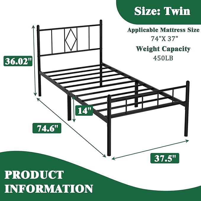 Decorwise 14 Inch Twin Size Bed Frames with Headboard/Footboard, Under Bed Storage, Strong Metal Slats Support, No Box Spring Needed, Noise Free, Easy Assembly, Black