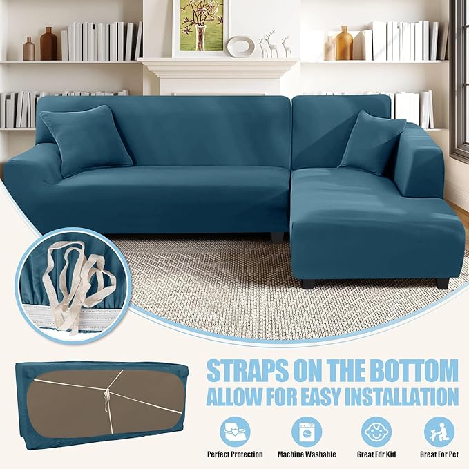 KinCam Sectional Couch Covers L Shape Sofa Covers Super Stretch 2pcs Sofa Slipcovers for 3 + 3 Seaters Sectional Chaise Slipcover with 2pcs Pillow Covers for Pets Kids, Peacock Blue