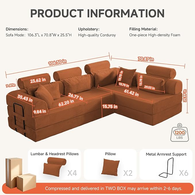 Boneless Sectional for Small Spaces, 106” L Shaped Couch from Two 70.87” Modules, Reconfigures to 141.7” Straight Sofa, Corduroy Compressed Couch in a Box with Headrest Back Pillows, Orange