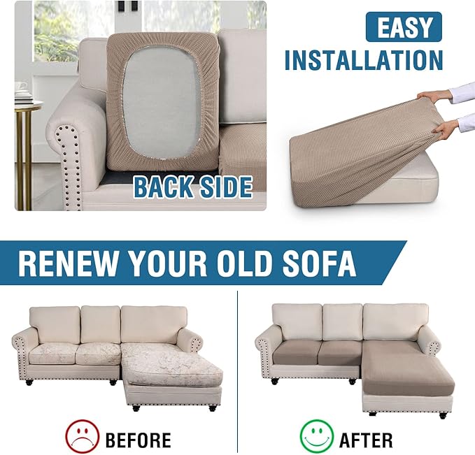 H.VERSAILTEX Sectional Couch Covers 3 Pieces Sofa Seat Cushion Covers L Shape Separate Cushion Couch Chaise Cover for Both Left/Right Sectional Couch (Seat Only: 1 Chaise + 2 Sofa, Sand)