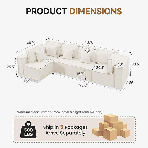 138'' Boneless Chenille L Shaped Couch, Oversized Modular Sectional 5 Seater Sofa, Modern Deep Seat Corner Cloud Compressed Couch, No Assembly Sleeper Sofa with Chaise for Living Room, Beige