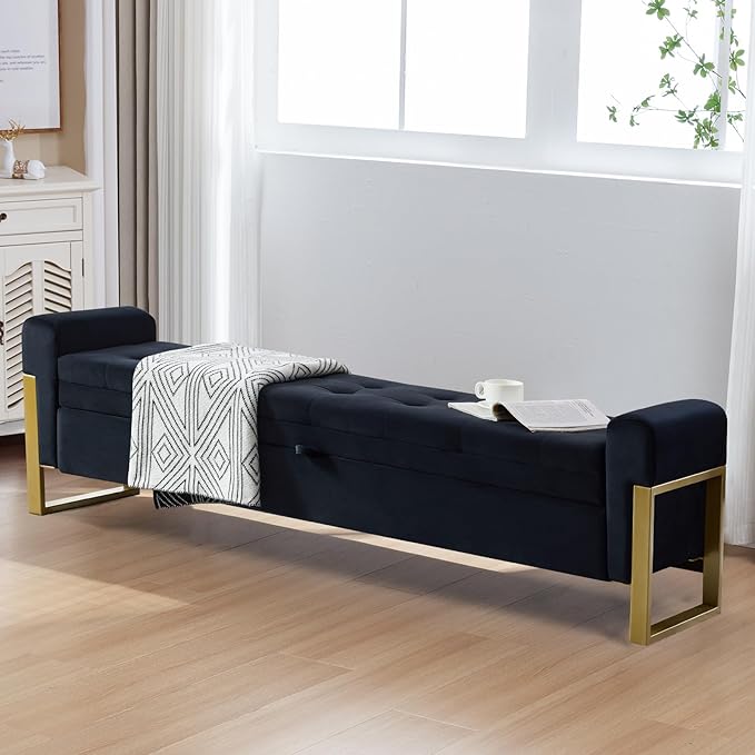 67" End of Bed Storage Bench King Size, Velvet Storage Bench for Bedroom Foot of Bed, Upholstered Storage Ottoman Bench with Gold Legs for Window Living Room Entryway, Black