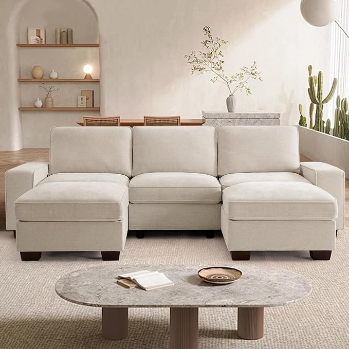 TEKAMON 100" Modular Sectional Sofa with Seats Storage, U Shaped Couch with 2 Movable Ottomans, Chenille Fabric Couch for Living Room, Spring Cushions, USB Port, Removable Covers, (Beige, U Shape)