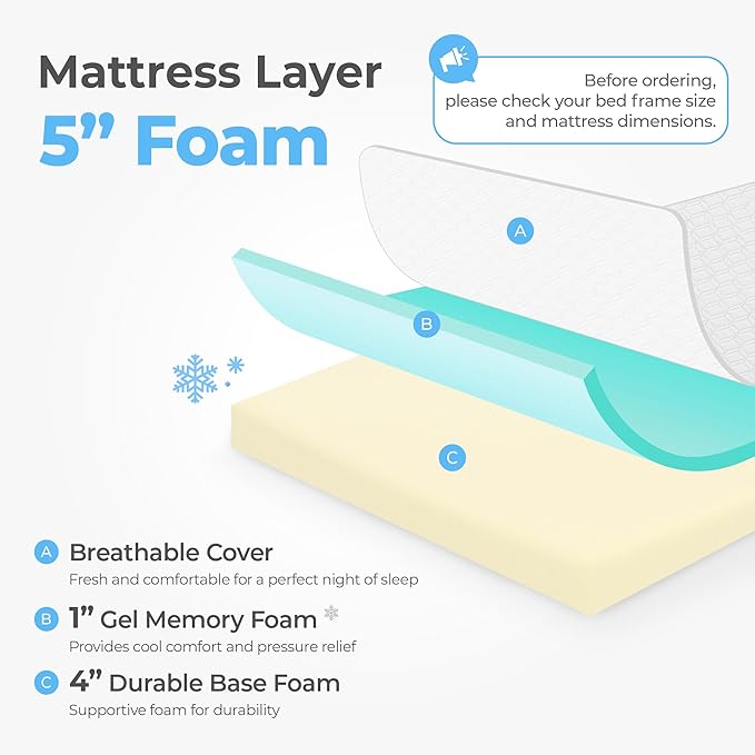 Neo Sleep 5 Inch Twin Cooling Gel Memory Foam Mattress for Cool Sleep Medium Firm Pressure Relief CertiPUR-US Certified Foam, Comfort & Supportive Mattress in a Box No Fiberglass (Twin, 5 in)