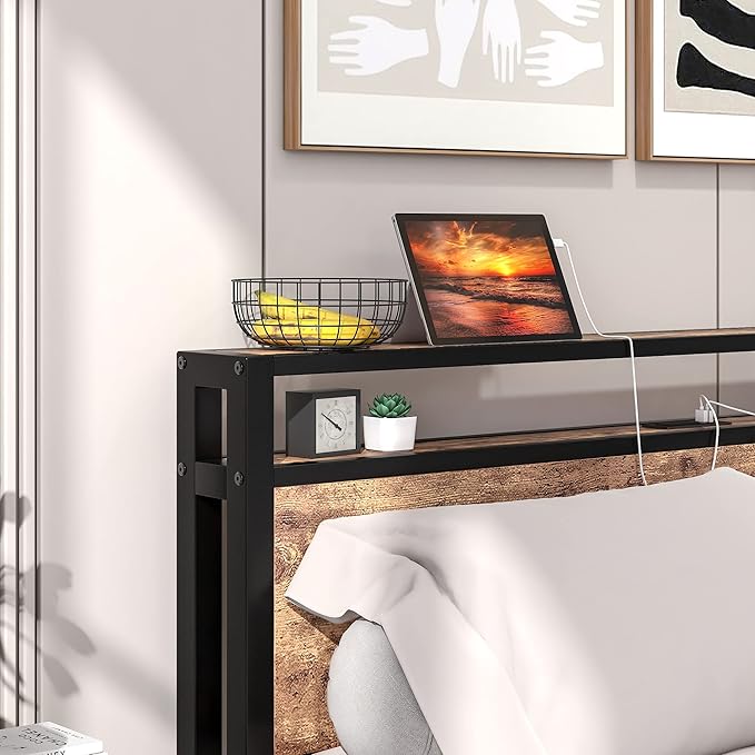 BOFENG Queen Bed Frame with Wood Headboard Storage,Heavy Duty Metal Platform Bed Frame Queen Size with Charging Station,Reinforced Steel Slats Support,No Box Spring Needed,Noise Free,Brown