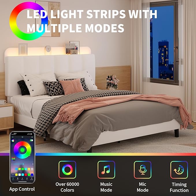 BarnFurin Twin Bed Frame with LED Lights, Upholstered Platform Bed with Storage Headboard, Kids Twin Bed Frame, No Box Spring Needed, Noise-Free, Easy Assembly, White