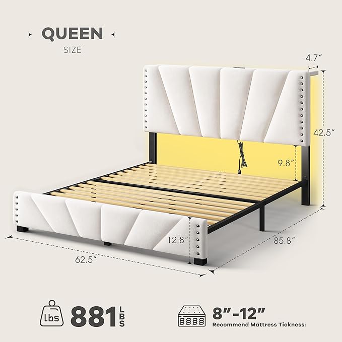 EnHomee Queen Bed Frame and Headboard, Velvet Upholstered Bed Frame Queen Size with Charging Station and LED Lights, Platform Bed Frame for Bedroom, Apartment, Dorm, Noise-Free, Easy Assembly, Beige