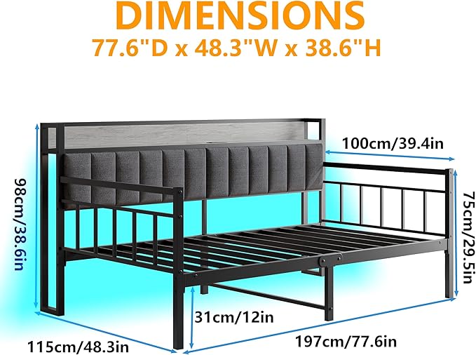 BOFENG Metal Daybed Frame Twin Size Platform Daybed with Charging Station,LED Lights,Metal Sofa Bed Frame for Living Room,Bedroom,Guest Room,Heavy Duty Metal Slats,Noise Free,Black